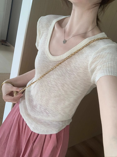 Simple Style U-Neck Short Sleeve 2025 Spring New Korean Style Slim Fit Slimming Leisure Anti-Aging Top T-shirt in Cream White