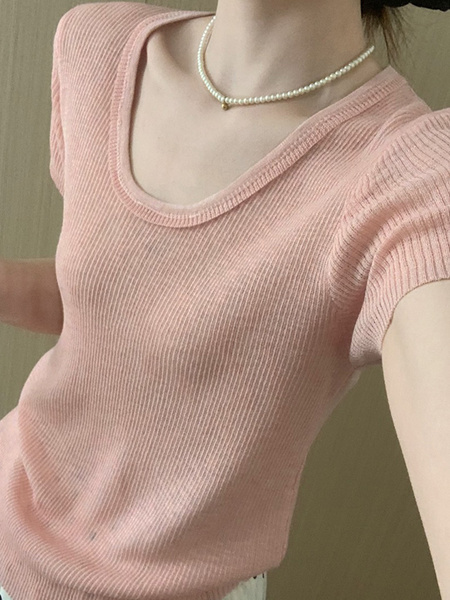 Simple Style U-Neck Short Sleeve 2025 Spring New Korean Style Slim Fit Slimming Leisure Anti-Aging Top T-shirt in Soft Pink