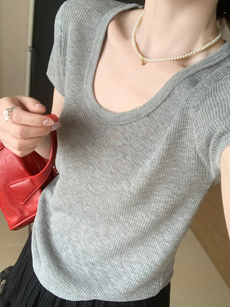 Simple Style U-Neck Short Sleeve 2025 Spring New Korean Style Slim Fit Slimming Leisure Anti-Aging Top T-shirt in Light Gray