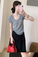 Simple Style U-Neck Short Sleeve 2025 Spring New Korean Style Slim Fit Slimming Leisure Anti-Aging Top T-shirt in Light Gray
