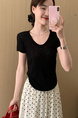 Simple Style U-Neck Short Sleeve 2025 Spring New Korean Style Slim Fit Slimming Leisure Anti-Aging Top T-shirt in Black