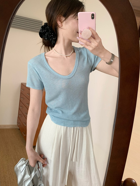 Simple Style U-Neck Short Sleeve 2025 Spring New Korean Style Slim Fit Slimming Leisure Anti-Aging Top T-shirt in Light Blue