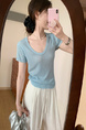 Simple Style U-Neck Short Sleeve 2025 Spring New Korean Style Slim Fit Slimming Leisure Anti-Aging Top T-shirt in Light Blue