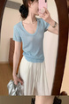 Simple Style U-Neck Short Sleeve 2025 Spring New Korean Style Slim Fit Slimming Leisure Anti-Aging Top T-shirt in Light Blue