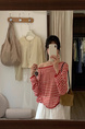 Brivin Red Striped Diagonal Collar Thin Knitted T-shirt for Women in Red and White 2025 Summer New Lazy Wind Sun Protection Underwear