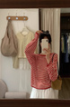 Brivin Red Striped Diagonal Collar Thin Knitted T-shirt for Women in Red and White 2025 Summer New Lazy Wind Sun Protection Underwear