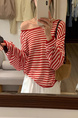 Brivin Red Striped Diagonal Collar Thin Knitted T-shirt for Women in Red and White 2025 Summer New Lazy Wind Sun Protection Underwear