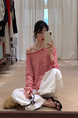 Brivin Red Striped Diagonal Collar Thin Knitted T-shirt for Women in Red and White 2025 Summer New Lazy Wind Sun Protection Underwear
