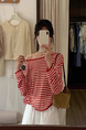 Brivin Red Striped Diagonal Collar Thin Knitted T-shirt for Women in Red and White 2025 Summer New Lazy Wind Sun Protection Underwear