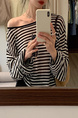 Brivin Black and White Striped Diagonal Collar Thin Knitted T-shirt for Women 2025 Summer New Lazy Wind Sun Protection Underwear