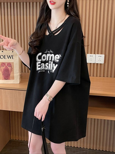 Official picture cotton 21 count 200g 2025 summer V-neck short-sleeved T-shirt loose mid-length women's T-shirt in Black