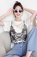Spring and summer unique and special sweet hot girl lace splicing top design niche fake two-piece printed short-sleeved T-shirt for women in White and Black