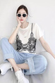Spring and summer unique and special sweet hot girl lace splicing top design niche fake two-piece printed short-sleeved T-shirt for women in White and Black