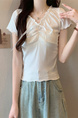 Real Shot Wholesale Price 2025 Summer New Design Niche Wood Ear Edge Bow Decoration V-Neck Short-Sleeved Top in White
