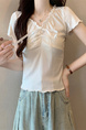 Real Shot Wholesale Price 2025 Summer New Design Niche Wood Ear Edge Bow Decoration V-Neck Short-Sleeved Top in White