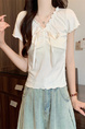 Real Shot Wholesale Price 2025 Summer New Design Niche Wood Ear Edge Bow Decoration V-Neck Short-Sleeved Top in White