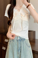 Real Shot Wholesale Price 2025 Summer New Design Niche Wood Ear Edge Bow Decoration V-Neck Short-Sleeved Top in White