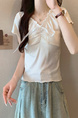 Real Shot Wholesale Price 2025 Summer New Design Niche Wood Ear Edge Bow Decoration V-Neck Short-Sleeved Top in White