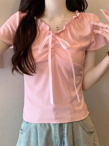 Real Shot Wholesale Price 2025 Summer New Design Niche Wood Ear Edge Bow Decoration V-Neck Short-Sleeved Top in Pink