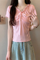 Real Shot Wholesale Price 2025 Summer New Design Niche Wood Ear Edge Bow Decoration V-Neck Short-Sleeved Top in Pink