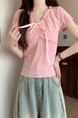 Real Shot Wholesale Price 2025 Summer New Design Niche Wood Ear Edge Bow Decoration V-Neck Short-Sleeved Top in Pink