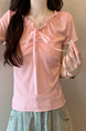 Real Shot Wholesale Price 2025 Summer New Design Niche Wood Ear Edge Bow Decoration V-Neck Short-Sleeved Top in Pink