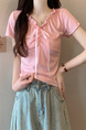 Real Shot Wholesale Price 2025 Summer New Design Niche Wood Ear Edge Bow Decoration V-Neck Short-Sleeved Top in Pink