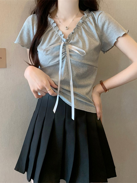 Real Shot Wholesale Price 2025 Summer New Design Niche Wood Ear Edge Bow Decoration V-Neck Short-Sleeved Top in Gray