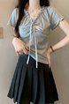 Real Shot Wholesale Price 2025 Summer New Design Niche Wood Ear Edge Bow Decoration V-Neck Short-Sleeved Top in Gray