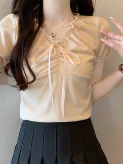 Real Shot Wholesale Price 2025 Summer New Design Niche Wood Ear Edge Bow Decoration V-Neck Short-Sleeved Top in Beige