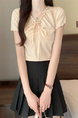 Real Shot Wholesale Price 2025 Summer New Design Niche Wood Ear Edge Bow Decoration V-Neck Short-Sleeved Top in Beige