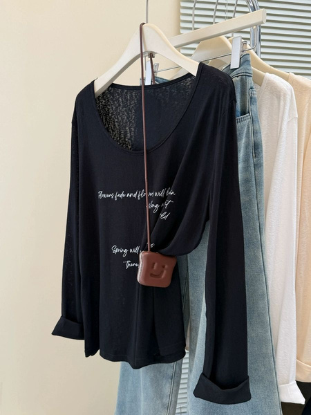 Real Shot of Korean High-End Thin and Slightly Transparent Long-Sleeved T-Shirt for Women in Summer in Black, Korean Style Outer Wear, Loose Air-Conditioning Top