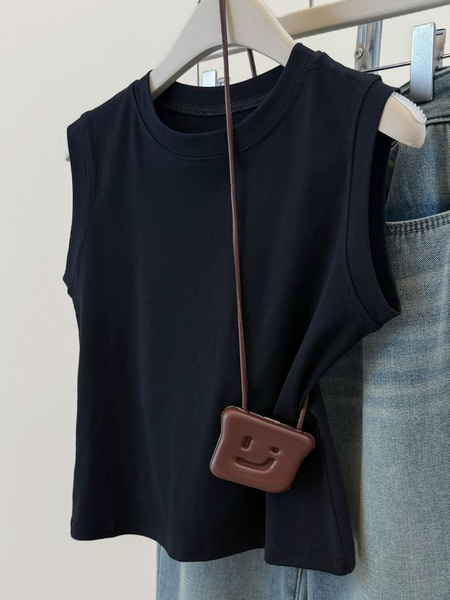 Real Shot of Pure Cotton Ribbed I-Shaped Vest for Women in Summer in Black, New Slim Fit Korean Style Short Sleeveless T-Shirt for Small Size