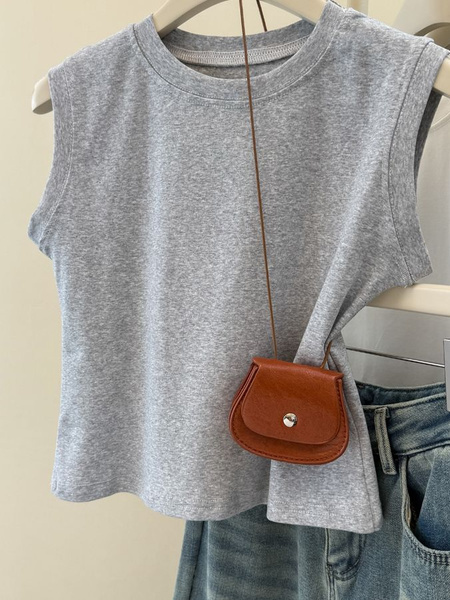 Real Shot of Pure Cotton Ribbed I-Shaped Vest for Women in Summer in Gray, New Slim Fit Korean Style Short Sleeveless T-Shirt for Small Size