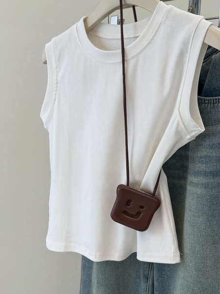 Real Shot of Pure Cotton Ribbed I-Shaped Vest for Women in Summer in White, New Slim Fit Korean Style Short Sleeveless T-Shirt for Small Size