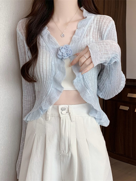 Real Shot Wholesale Price 2025 Summer New Three-Dimensional Flower Design Breathable Sun Protection Clothing Cardigan Jacket Women's Clothing in Light Blue