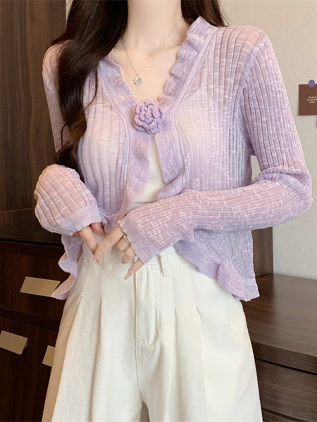 Real Shot Wholesale Price 2025 Summer New Three-Dimensional Flower Design Breathable Sun Protection Clothing Cardigan Jacket Women's Clothing in Lavender