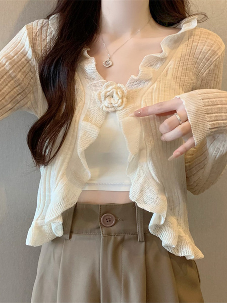 Real Shot Wholesale Price 2025 Summer New Three-Dimensional Flower Design Breathable Sun Protection Clothing Cardigan Jacket Women's Clothing in Cream