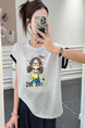 Korean Cartoon Print Round Neck Short-Sleeved T-Shirt for Women in White 2025 Summer New Style Fashionable Loose Slim All-Match Small Top