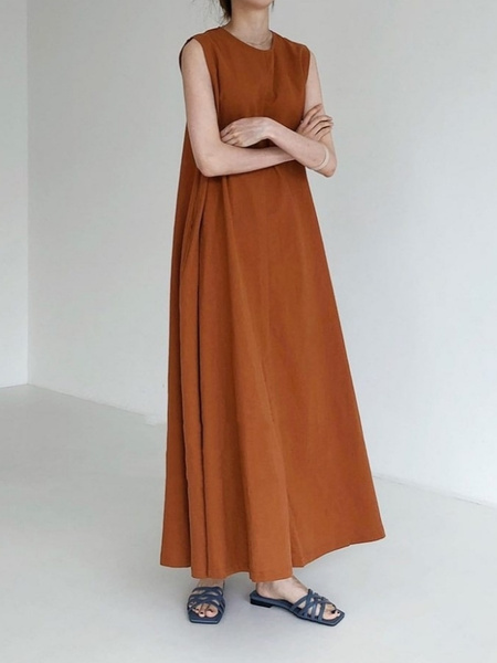 Lazy and cold style dark series long skirt Korean chic style loose oversized sleeveless long cotton and linen dress in burnt orange