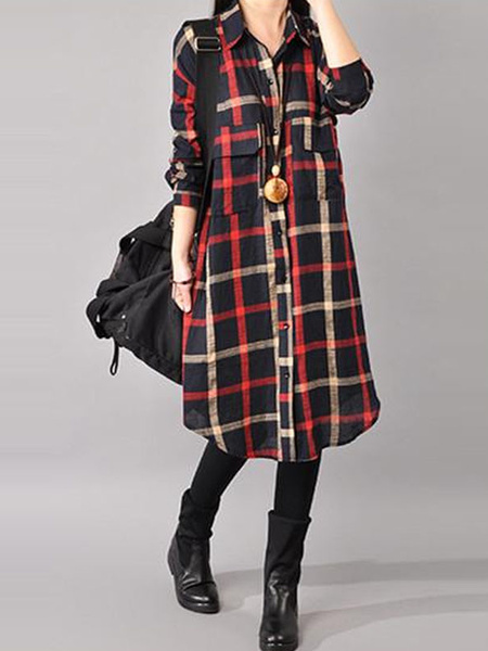 Spring and Autumn Korean Cotton and Linen Shirt Dress in Black and Red Plaid, Large Size Women's Long Sleeve Plaid Shirt, Women's Mid-Length Loose Skirt