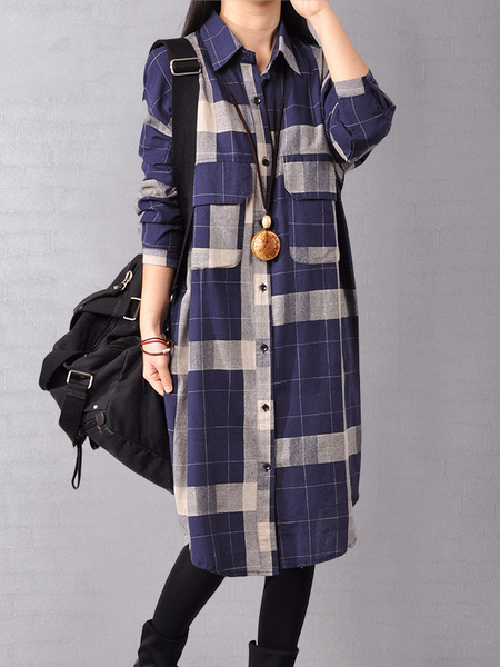 Spring and Autumn Korean Cotton and Linen Shirt Dress in Navy Blue and Beige Plaid, Large Size Women's Long Sleeve Plaid Shirt, Women's Mid-Length Loose Skirt.