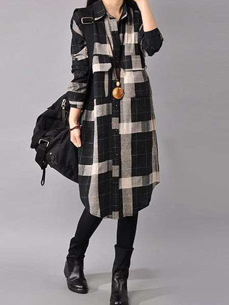 Spring and Autumn Korean Cotton and Linen Shirt Dress in Black and Beige Plaid, Large Size Women's Long Sleeve Plaid Shirt, Women's Mid-Length Loose Skirt.