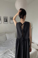 Black Korean Chic French Backless Design Lace-Up Vest Dress with Pockets on Both Sides