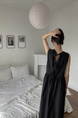 Black Korean Chic French Backless Design Lace-Up Vest Dress with Pockets on Both Sides