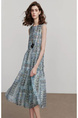 Teal Bohemian Style Dress Summer Women's Beach Seaside Vacation Round Neck Sleeveless Floral A-Line Skirt