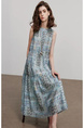 Teal Bohemian Style Dress Summer Women's Beach Seaside Vacation Round Neck Sleeveless Floral A-Line Skirt