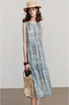 Teal Bohemian Style Dress Summer Women's Beach Seaside Vacation Round Neck Sleeveless Floral A-Line Skirt