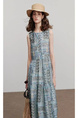 Teal Bohemian Style Dress Summer Women's Beach Seaside Vacation Round Neck Sleeveless Floral A-Line Skirt