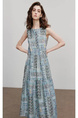 Teal Bohemian Style Dress Summer Women's Beach Seaside Vacation Round Neck Sleeveless Floral A-Line Skirt